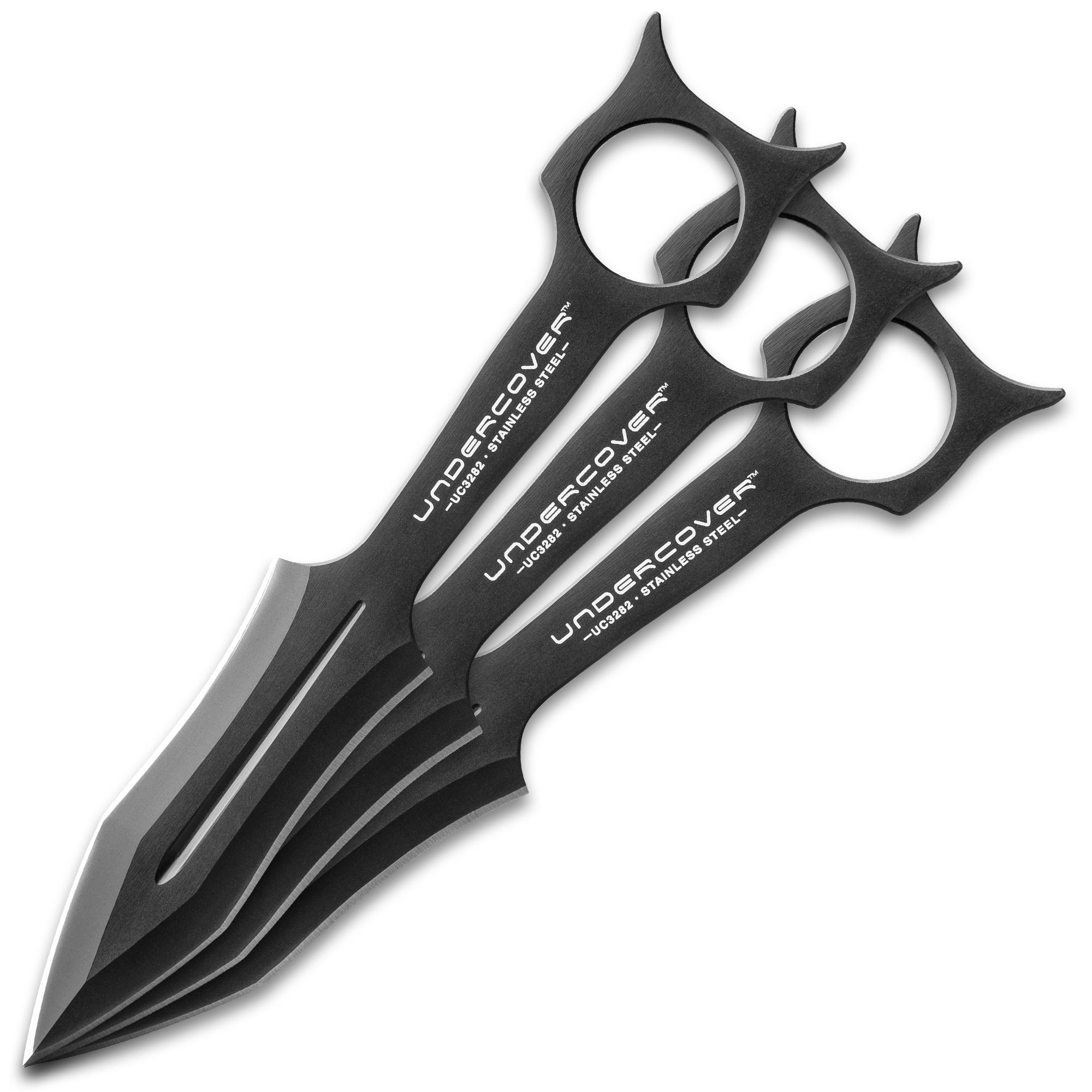 This is the Set of 3 Stainless Steel Anime Ninja Kunai with Sheath. The  blade of the Kunai have been constructed from 440 Stainless Steel with a  black finish. This listing is